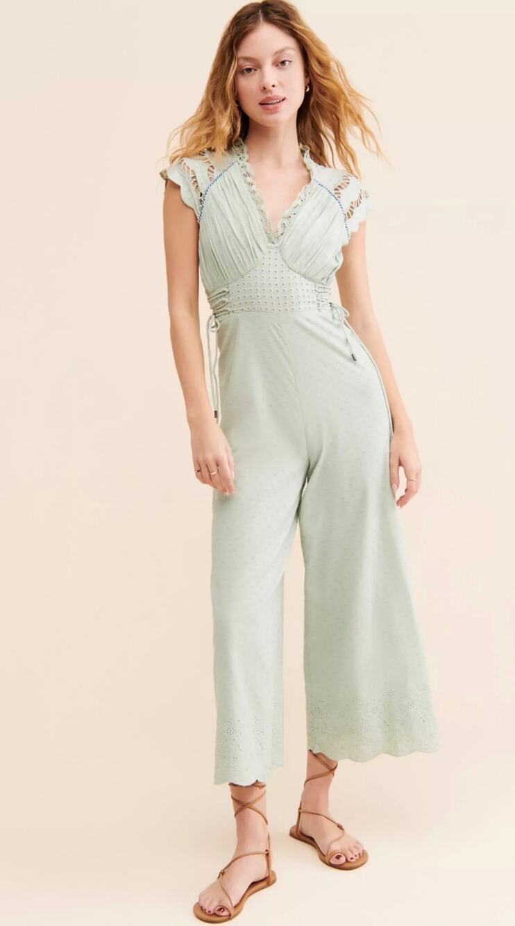 Anthropologie Conditions Apply Ameliee Wide Leg Jumpsuit XS Mint Eyelet Boho